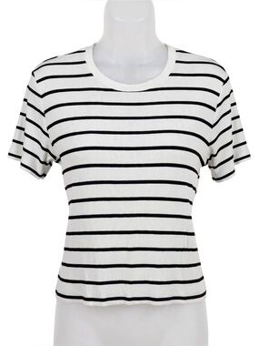 1 State White Tee Black Stripes Womens Juniors Top Medium M EUC